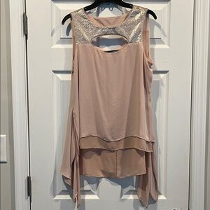 BCBGMaxAzria Blush Sleeveless Chiffon CutOut Gold Sequin Layered Flowy Cocktail